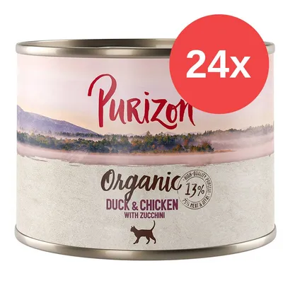 Purizon Organic Duck & Chicken with Zucchini, 13% protein, 24x. Widoczny napis: High-Quality Protein, 75% meat & offal. Opakowanie z sylwetką kota. Purizon Organic Duck & Chicken with Zucchini, 13% protein, 24x. Widoczny napis: High-Quality Protein, 75% meat & offal. Opakowanie z sylwetką kota.