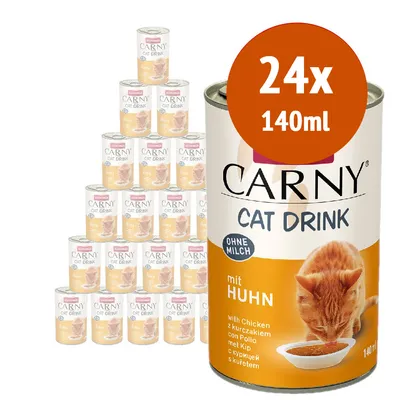 24 lattine da 140 ml Carny Cat Drink con pollo, senza latte, immagine della confezione con gatto che beve. Testo visibile: 'mit Huhn', 'OHNE MILCH', 'CAT DRINK'.