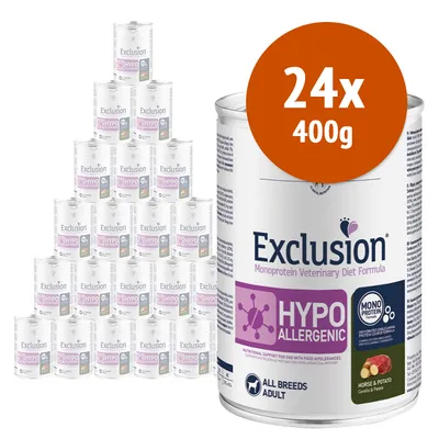 24 lattine da 400 g Exclusion Monoprotein Veterinary Diet Formula Hypoallergenic, visibile testo: MONO PROTEIN, ALL BREEDS ADULT, Horse & Potato.