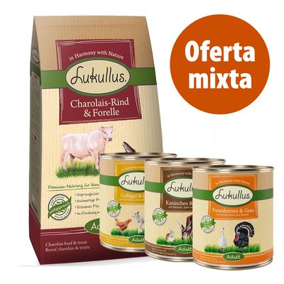 Pack alimentación mixta: pienso 10 kg + 6 x 400 g comida húmeda Lukullus Pienso pato y cordero (10kg) + latas corazón de pavo y ganso (6x400g)