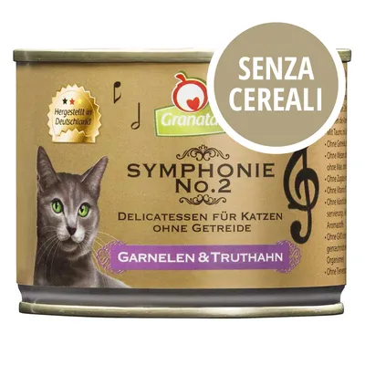 GranataPet Symphonie No.2 Delicatessen für Katzen ohne Getreide, Garnelen & Truthahn, senza cereali, prodotto in Germania, scritta e immagine di un gatto sulla confezione.