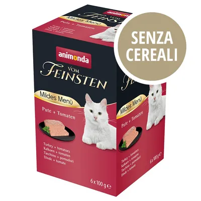Animonda Vom Feinsten Mildes Menü Pute + Tomaten, tacchino e pomodori, 6 x 100 g, senza cereali, confezione con immagine di gatto bianco e porzione di alimento su piatto nero.