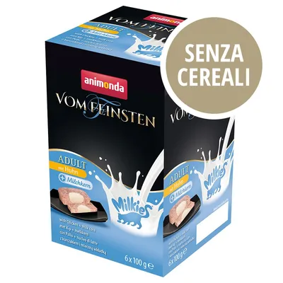 Animonda Vom Feinsten Adult mit Huhn + Milchkern, senza cereali, confezione da 6 x 100 g. Immagine del prodotto con scritta Milkies e dettaglio del nucleo di latte.
