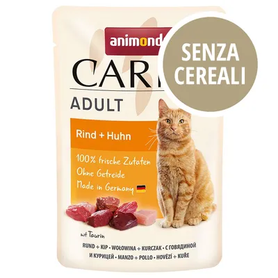 Animonda Carny Adult Rind + Huhn, senza cereali, 100% frische Zutaten, Ohne Getreide, Made in Germany, con immagine di gatto e pezzi di carne. Testo multilingue: manzo + pollo.