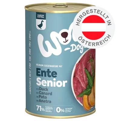 Wolfs-Dog Ente Senior, Premium Feuchtnahrung mit Ente, 71% Fleisch und Innereien, 0% Getreide und Gluten, hergestellt in Österreich.