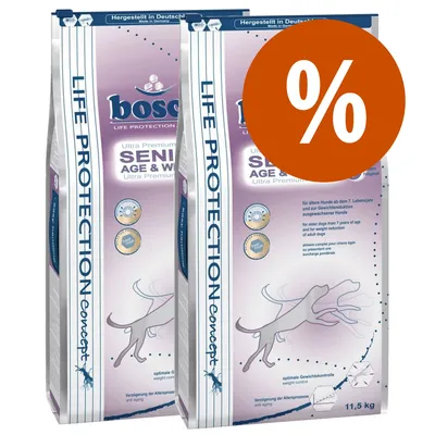 2 sacchi di Bosch Life Protection Senior Age & Weight 11,5 kg con simbolo percentuale arancione in evidenza. Testo visibile: ottimale controllo del peso, ritardo dell’invecchiamento.