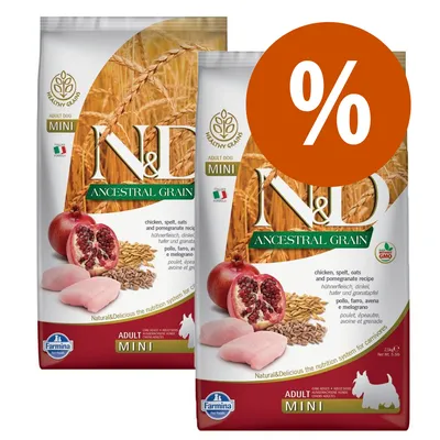 2 confezioni di Farmina N&D Ancestral Grain Adult Dog Mini, visibili ingredienti pollo, farro, avena e melograno, simbolo percentuale per offerta, bandiera italiana, scritta GMO free.