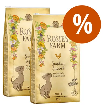 2 sacchi Rosie's Farm Sunday Supper Adult 12 kg, Chicken with Pumpkin Seeds, offerta con simbolo percentuale visibile. Immagine del cane e fiori sulla confezione.