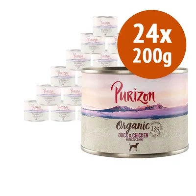 24 lattine da 200 g Purizon Organic Duck & Chicken with Zucchini, scritta 13% protein, confezioni visibili con etichetta e marchio. 24 lattine da 200 g Purizon Organic Duck & Chicken with Zucchini, scritta 13% protein, confezioni visibili con etichetta e marchio.