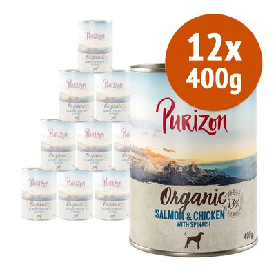 12 lattine da 400 g di Purizon Organic Salmon & Chicken with Spinach, scritta '13% high quality protein', immagine di montagna sull'etichetta.