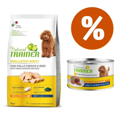 Natural Trainer Small & Toy/Adult con pollo fresco e riso, confezione da 7 kg e lattina. Testo visibile: senza coloranti, conservanti, zuccheri aggiunti. Simbolo percentuale arancione.
