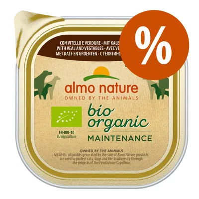 almo nature bio organic maintenance con vitello e verdure, certificato bio FR-BIO-10 EU Agriculture, offerta percentuale visibile sull'etichetta