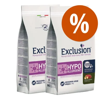 2 sacchi Exclusion Monoprotein Veterinary Diet Formula Hypoallergenic per cani taglia media e grande, visibile scritta Horse & Potato, simbolo percentuale su sfondo arancione.