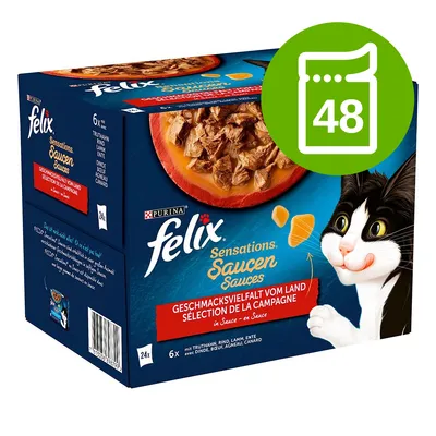 Felix Sensations Sauces, Purina, zestaw 48 saszetek. Widoczny smak: indyk, wołowina, jagnięcina, kaczka. Opakowanie z ilustracją kota i miski karmy.