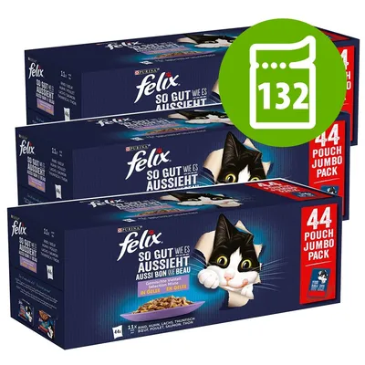 3 confezioni Felix So gut wie es aussieht, 44 buste ciascuna, totale 132 buste. Gusti: manzo, pollo, salmone, tonno. Testo in tedesco e francese sulla confezione. 3 confezioni Felix So gut wie es aussieht, 44 buste ciascuna, totale 132 buste. Gusti: manzo, pollo, salmone, tonno. Testo in tedesco e francese sulla confezione.