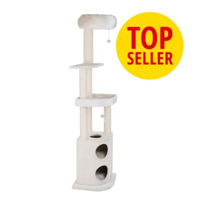 Rascador para gatos de varios niveles en color beige con plataformas, cuevas y pelotas colgantes. Círculo amarillo con texto: TOP SELLER.