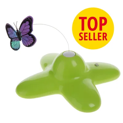 Gioco interattivo per gatti con base verde in plastica e farfalla viola su filo. Cerchio giallo con testo rosso: TOP SELLER.
