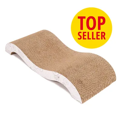 Tiragraffi ondulato in cartone con bordo bianco decorato, cerchio giallo con testo rosso 'TOP SELLER' in alto a destra. Tiragraffi ondulato in cartone con bordo bianco decorato, cerchio giallo con testo rosso 'TOP SELLER' in alto a destra.