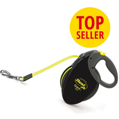 Correa extensible Flexi Giant L 8 m, color negro y amarillo, con gancho metálico visible. Texto destacado: TOP SELLER.