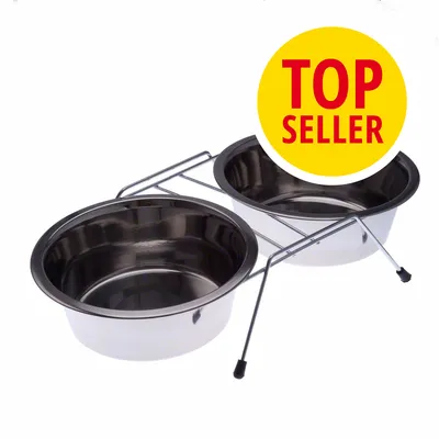 Dva nerezové misky na kovovém stojanu, žlutý kruh s červeným textem TOP SELLER v pravé horní části obrázku.