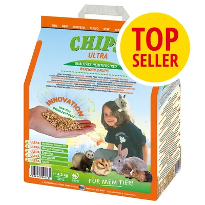 CHIPS ULTRA lettiera per piccoli animali, confezione da 10 L, innovazione aus der Pflanzenfaser, TOP SELLER, immagini di roditori e coniglio, icone PEFC e peso 4,3 kg