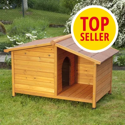 Dřevěná psí bouda s otevřeným vchodem, nápis TOP SELLER v žlutém kruhu v pravém horním rohu.