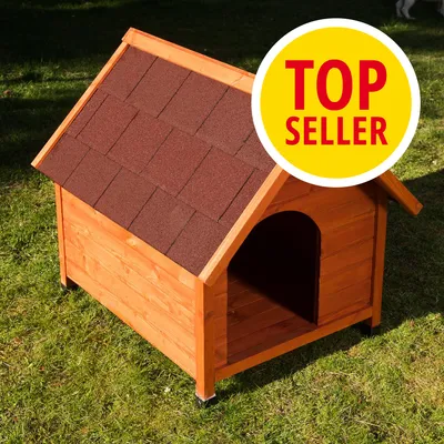 Caseta de madera para perro con tejado a dos aguas marrón. Círculo amarillo con texto: TOP SELLER.