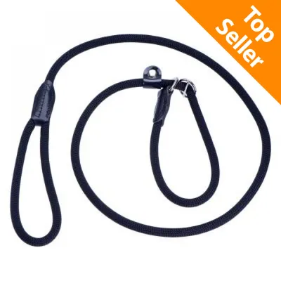 Guinzaglio in corda nera con manico e anello metallico, etichetta arancione in alto a destra con testo Top Seller