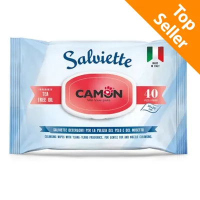 CAMON Salviette rengöringsservetter, tea tree oil, 40 st, 30×20 cm. Text: Top Seller. Made in Italy. För päls och nosrengöring. Synlig italiensk flagga. CAMON Salviette rengöringsservetter, tea tree oil, 40 st, 30×20 cm. Text: Top Seller. Made in Italy. För päls och nosrengöring. Synlig italiensk flagga.