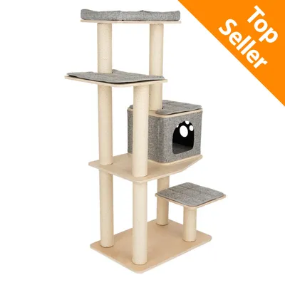 Tiragraffi a più livelli con cuccia e piattaforme in tessuto grigio, colonne rivestite in corda. Angolo arancione in alto a destra con testo: Top Seller.