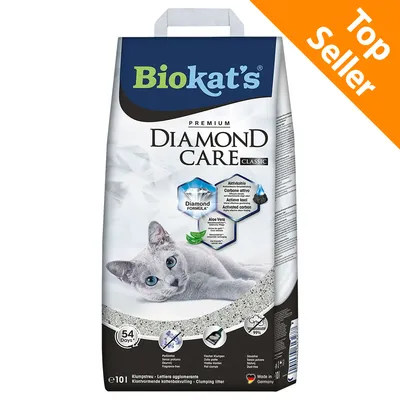 Biokat's Diamond Care Classic lettiera agglomerante per gatti, carbone attivo, aloe vera, 54 giorni, Top Seller, sacco da 10 litri, Made in Germany, immagine di un gatto grigio sul fronte. Biokat's Diamond Care Classic lettiera agglomerante per gatti, carbone attivo, aloe vera, 54 giorni, Top Seller, sacco da 10 litri, Made in Germany, immagine di un gatto grigio sul fronte.