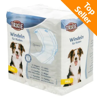 Trixie Windeln für Rüden, pannolini per cani maschi taglia M-L 46–60 cm. Testo multilingue sulla confezione. Etichetta arancione in alto a destra: Top Seller.