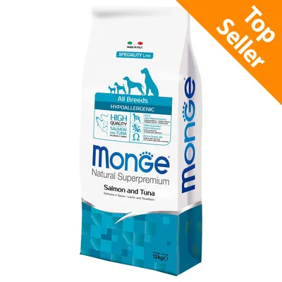 Monge Natural Superpremium Salmon and Tuna, 12 kg, per cani di tutte le taglie. Hypoallergenic, high quality salmon and tuna, made in Italy. Top Seller.