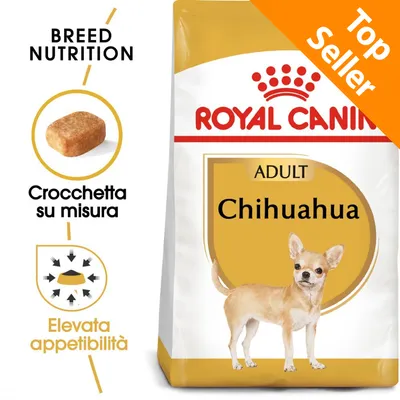 ROYAL CANIN ADULT Chihuahua, crocchetta su misura, elevata appetibilità, Top Seller. Immagine di una confezione con cane Chihuahua e dettagli sulla forma della crocchetta.