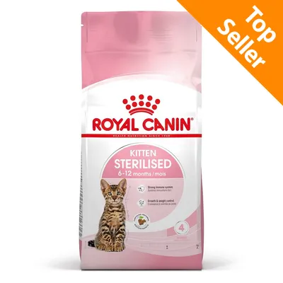 Royal Canin Kitten Sterilised 6–12 months, immagine confezione con gattino e scritta Top Seller in alto a destra