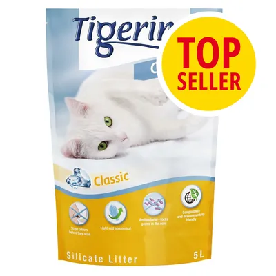 Tigerino Classic Silicate Litter 5L, TOP SELLER, antibakteriální, kompostovatelné, zastavuje zápach, úsporné. Bílá kočka na obalu. Tigerino Classic Silicate Litter 5L, TOP SELLER, antibakteriální, kompostovatelné, zastavuje zápach, úsporné. Bílá kočka na obalu.