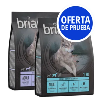 Bolsas de comida para perros Briantos Adult, 1 kg, variedades Duck & Potato y Salmon & Potato. Etiqueta azul: OFERTA DE PRUEBA.