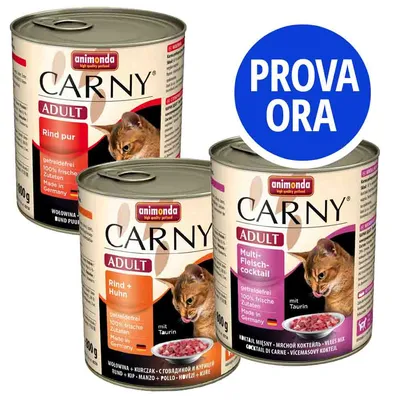Tre lattine di cibo per gatti Animonda Carny Adult: Rind pur, Rind + Huhn, Multi-Fleisch-Cocktail. Testo visibile: 'PROVA ORA', senza cereali, 100% ingredienti freschi, Made in Germany.
