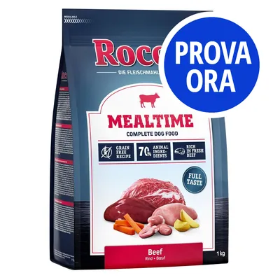 Rocco Mealtime Complete Dog Food Beef 1 kg, ricetta senza cereali, 70% ingredienti animali, ricco di manzo fresco. Testo cerchio blu: PROVA ORA.