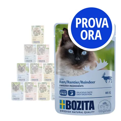 Bozita alimento per gatti con renna, confezione da 85 g, scritta 'PROVA ORA' in cerchio blu, vari gusti visibili sullo sfondo. Testo in inglese e svedese sull'imballaggio.