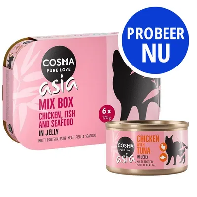 Cosma Pure Love Asia Mix Box, 6x170g, kip, vis en zeevruchten in gelei. Blik: Chicken with Tuna in Jelly. Probeer nu.