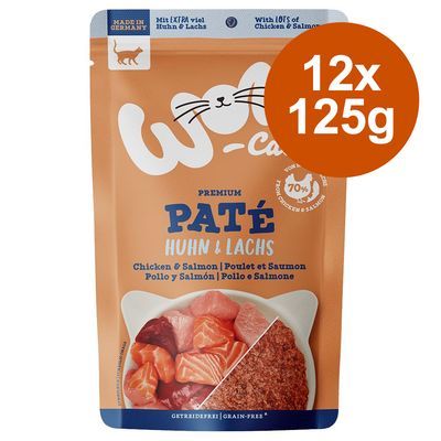W-Cat Premium Paté Huhn & Lachs, 12x125g. Met 70% kip en zalm. Graanvrij kattenvoer. Made in Germany staat linksboven op de verpakking.