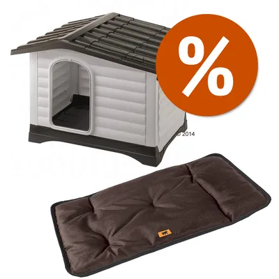 Cuccia in plastica grigia con tetto nero e ingresso frontale, accanto a un cuscino marrone imbottito; simbolo percentuale bianco su sfondo arancione che indica offerta.