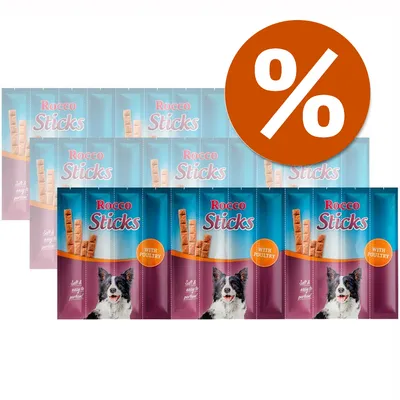 Offerta multipack Rocco Sticks with poultry, confezioni con bastoncini per cani e simbolo percentuale di sconto visibile sull'immagine.