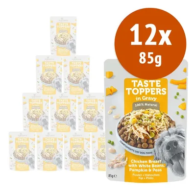 Applaws Taste Toppers in Gravy, 12x85g, petto di pollo con fagioli bianchi, zucca e piselli. Confezioni da 85g ciascuna, 100% naturale, complemento per crocchette per cani.