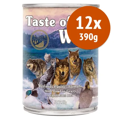 Taste of the Wild Wetlands Canine Formula with Fowl in Gravy, confezione 12x390g. Testo visibile: A grain-free diet, NET WT. 390g.