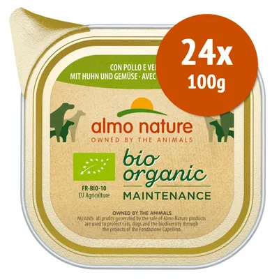 almo nature bio organic Maintenance, con pollo e verdure, confezione 24x100g, certificato FR-BIO-10 EU Agriculture, testo in inglese: Owned by the Animals