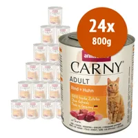 24x800g animonda Carny Adult Rind + Huhn, 100% frische Zutaten, Ohne Getreide, Made in Germany, con immagine di gatto e pezzi di carne visibili sulla confezione.