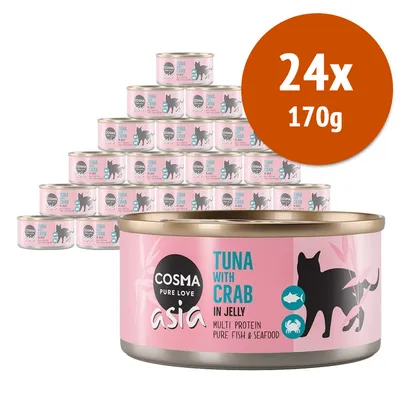24 lattine da 170 g Cosma Asia Tuna with Crab in Jelly, confezione rosa con silhouette di gatto e testo: multi protein pure fish & seafood.