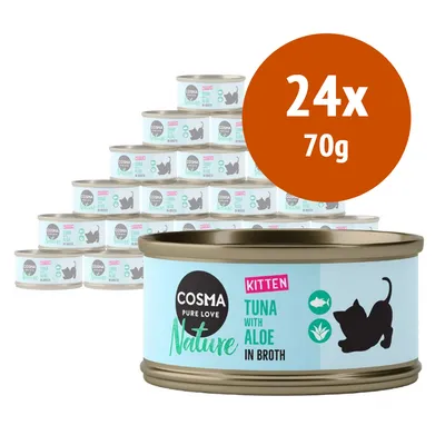 24 lattine da 70 g di Cosma Nature Kitten, Tuna with Aloe in Broth. Etichetta con silhouette di gattino e simboli pesce e pianta.